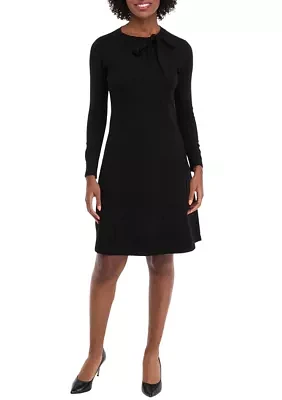 Women's Long Sleeve Crew Neck Solid Midi Knit A-Line Dress