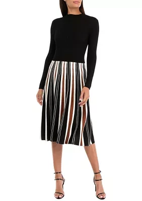 Women's Long Sleeve Mock Neck Stripe Print Sweater Fit and Flare Dress