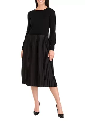 Women's Long Sleeve Crew Neck Solid Midi Knit A-Line Dress