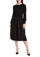 Women's Long Sleeve Crew Neck Solid Midi Knit A-Line Dress