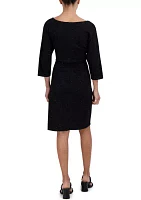 Women's 3/4 Sleeve Tie Waist Glitter Sheath Dress