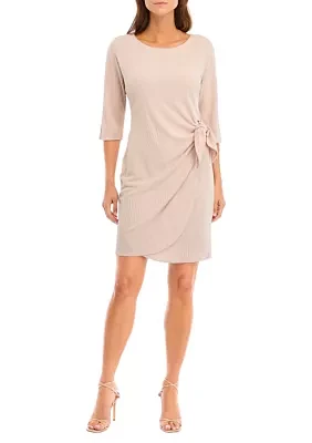 Women's Elbow Sleeve Crew Neck Tie Waist Solid A-Line Dress