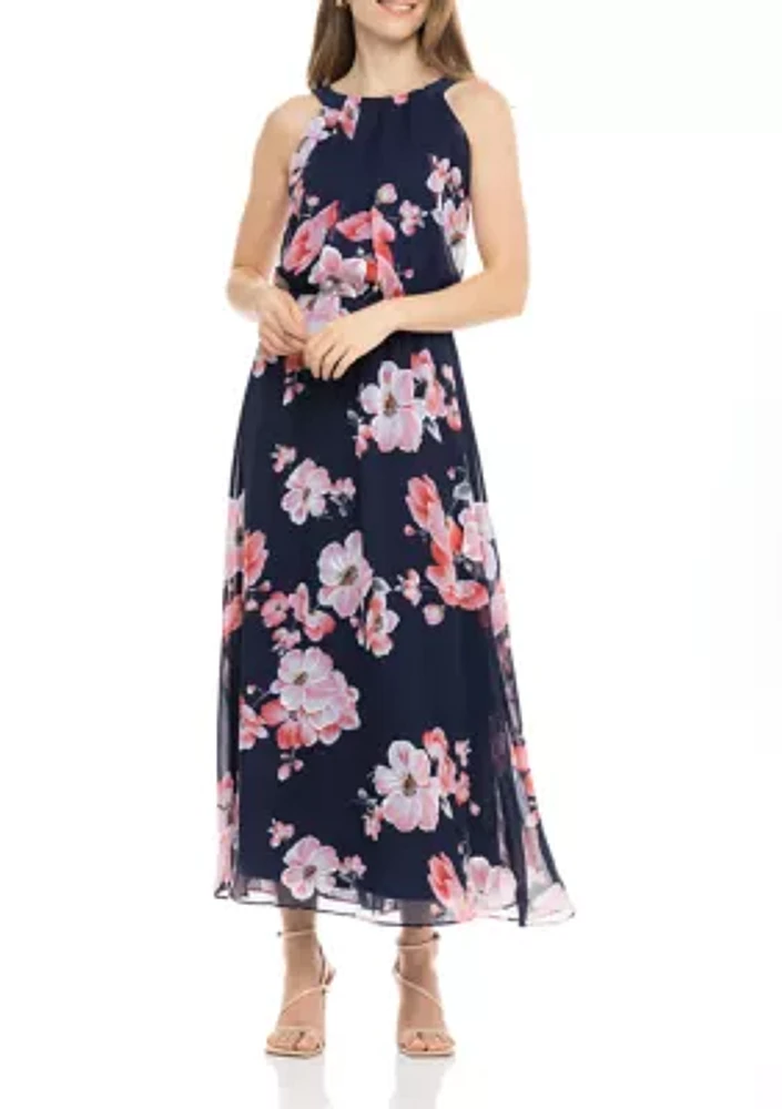 Sleeveless Halter Floral Printed Puff Chiffon Maxi Dress