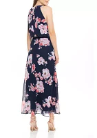 Sleeveless Halter Floral Printed Puff Chiffon Maxi Dress