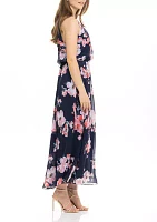 Sleeveless Halter Floral Printed Puff Chiffon Maxi Dress