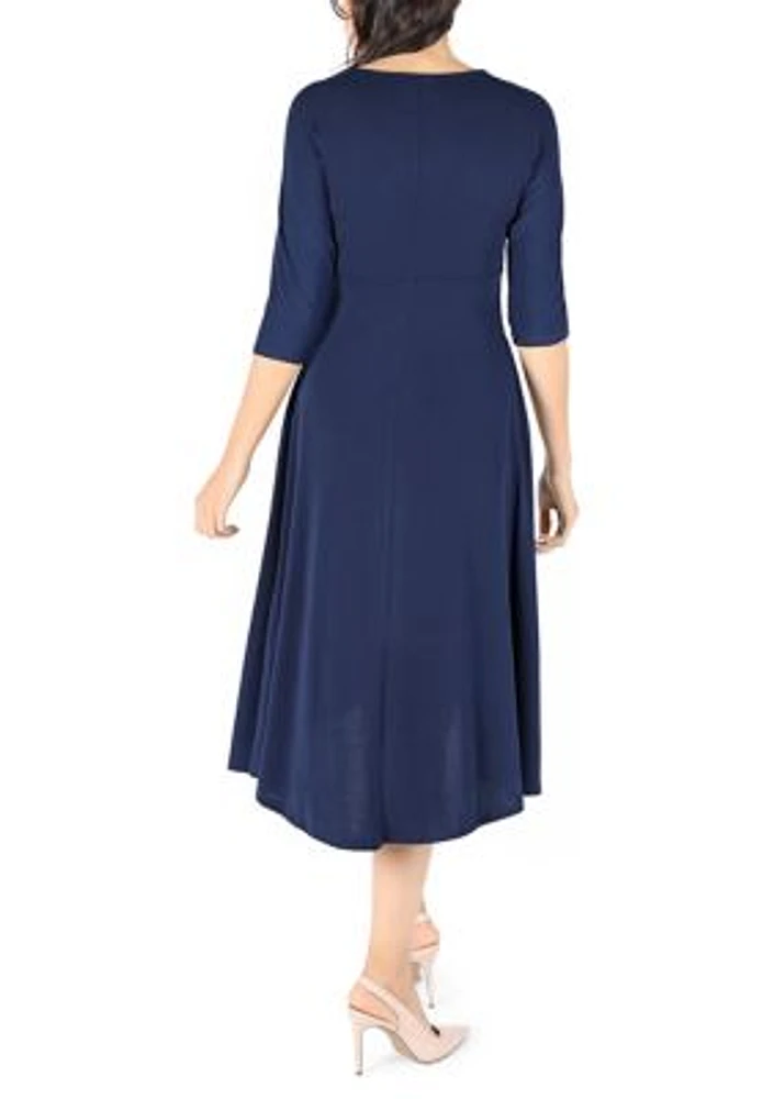 Women's 3/4 Sleeve Solid Midi A-Line Dress