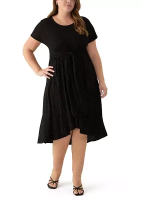 Plus Short Sleeve Crew Neck Tie Waist Glitter Knit Fit and Flare Dress