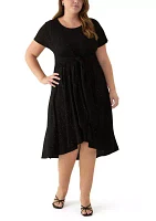 Plus Short Sleeve Crew Neck Tie Waist Glitter Knit Fit and Flare Dress