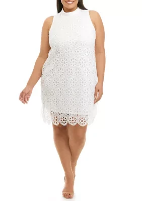 Plus Sleeveless Mock Neck Lace A-Line Dress
