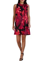 Women's Sleeveless Floral Print Chiffon Bow Tie Neck A-Line Dress