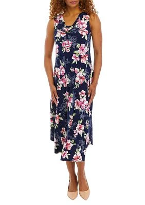 Women's Sleeveless Cowl Neck Floral Midi Dress