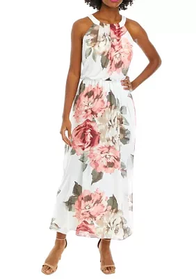 Women's Sleeveless Floral Print Chiffon Blouson Maxi Dress