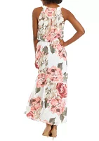 Women's Sleeveless Floral Print Chiffon Blouson Maxi Dress