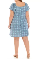 Plus Flutter Sleeve Medallion Print Dress