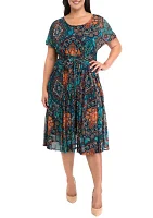 Plus Printed Tie Waist Fit and Flare Dress