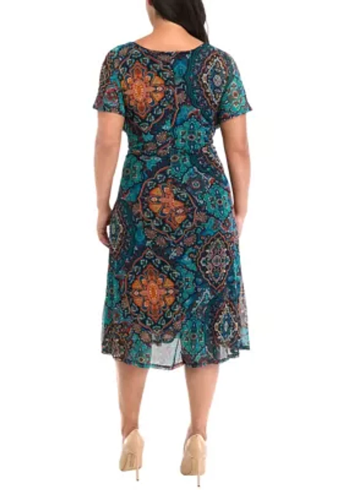 Plus Printed Tie Waist Fit and Flare Dress