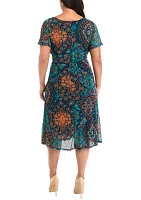 Plus Printed Tie Waist Fit and Flare Dress