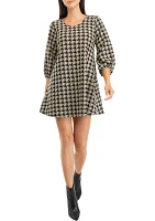 Women's 3/4 Sleeve Envelope Neck Houndstooth A-Line Cozy Dress