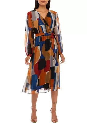 Women's Blouson Sleeve Printed V-Neck Dress