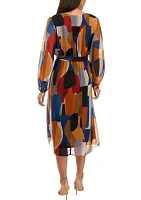 Women's Blouson Sleeve Printed V-Neck Dress