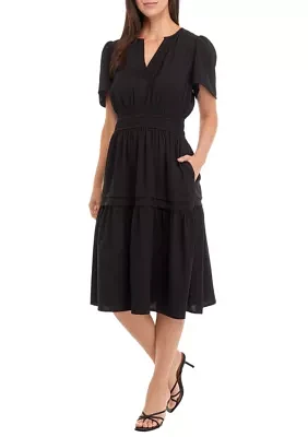 Women's Puff Sleeve Tie Waist Fit and Flare Dress