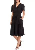 Women's Puff Sleeve Tie Waist Fit and Flare Dress