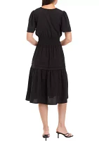 Women's Puff Sleeve Tie Waist Fit and Flare Dress