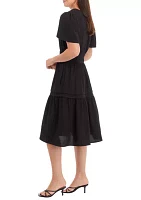 Women's Puff Sleeve Tie Waist Fit and Flare Dress