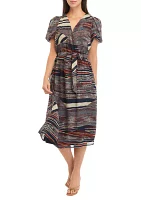 Women's Puff Sleeve Printed Tie Waist Fit and Flare Dress