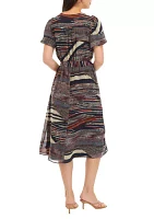 Women's Puff Sleeve Printed Tie Waist Fit and Flare Dress