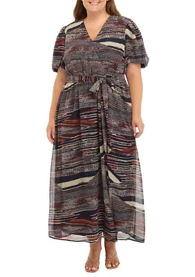 Plus Puff Sleeve Printed Tie Waist Fit and Flare Dress