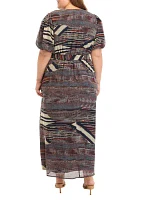 Plus Puff Sleeve Printed Tie Waist Fit and Flare Dress