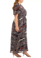 Plus Puff Sleeve Printed Tie Waist Fit and Flare Dress