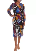 Women's Balloon Sleeve Geometric Surplice Wrap Chiffon Dress