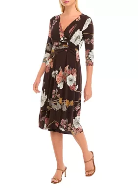 Women's 3/4 Sleeve V-Neck Floral Print Dress