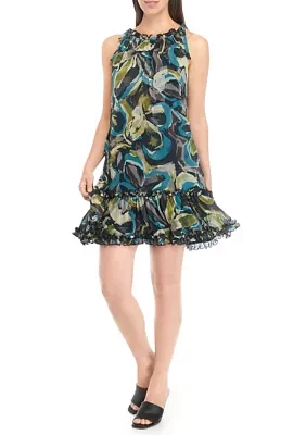 Women's Sleeveless Halter Abstract Print Mesh A-Line Dress