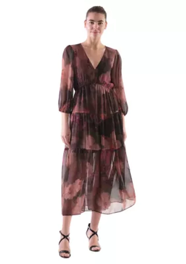 Women's Abstract Floral Printed Tiered Chiffon Fit and Flare Dress