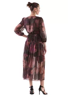 Women's Abstract Floral Printed Tiered Chiffon Fit and Flare Dress