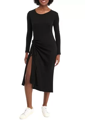 Women's Long Sleeve Crew Neck Side Ruched Knit Midi Sheath Dress