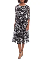 Women's 3/4 Sleeve Floral Print Side Tie Mesh Fit and Flare Dress