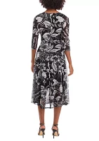 Women's 3/4 Sleeve Floral Print Side Tie Mesh Fit and Flare Dress