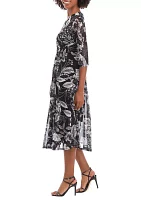 Women's 3/4 Sleeve Floral Print Side Tie Mesh Fit and Flare Dress