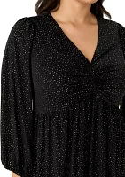 Plus Long Sleeve V-Neck Solid Glitter Knit Fit and Flare Dress