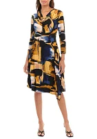 Women's Long Sleeve Cowl Neck Abstract Print Side Tie Fit and Flare Dress