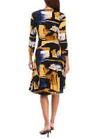 Women's Long Sleeve Cowl Neck Abstract Print Side Tie Fit and Flare Dress