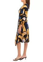 Women's Long Sleeve Cowl Neck Abstract Print Side Tie Fit and Flare Dress