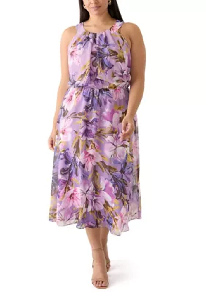 Plus Sleeveless Halter Neck Floral Chiffon Dress