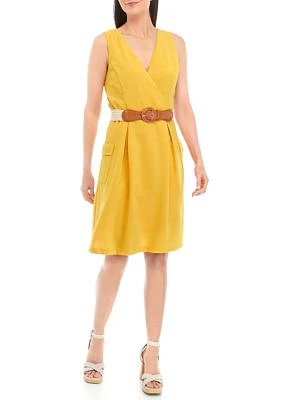 Women's Sleeveless V-Neck Belted Solid Fit and Flare Dress