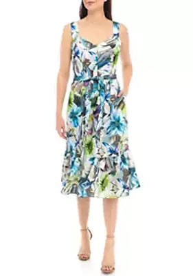 Donna Ricco New York Women's Sleeveless Tie Waist Printed Fit and Flare Dress
