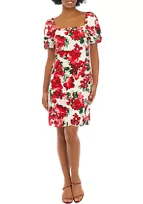 Donna Ricco New York Women's Puff Sleeve Square Neck Floral A-Line Dress
